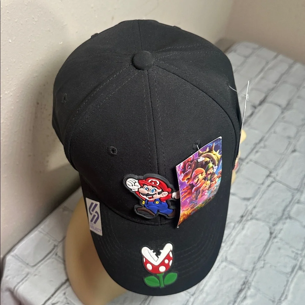 Super Mario Baseball Cap Hat Black with Piranha Plant Patch Adjustable Back NEW - Picture 7 of 15